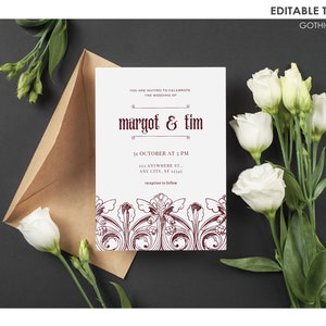 Faire-part de mariage gothique, faire-part de mariage rouge et blanc, faire-part de mariage de plantes effrayantes pour les couples fiancés, modèle de téléchargement immédiat