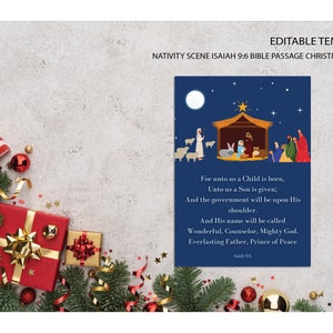 Krippe Weihnachtskarte, Jesaja 9:6 Passage Weihnachtskarte, religiöse Grußkarte, dunkelblaue Weihnachtskarte, Instant Download Vorlage