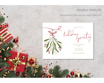 Op de afbeelding: Een witte uitnodigingskaart met een rode mistelteenillustratie en de tekst "please join us for a holiday party" in rood. De uitnodiging bevat de datum, tijd, adres en RSVP-informatie.