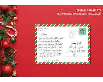May include: A red and green striped postcard with a handwritten letter from Santa Claus to a child named Jinny Botti. The letter is dated December 24, 2014, and mentions that Santa will be stopping by Jinny's house to leave a special gift. The postcard also includes a stamp with the words "The North Pole" and a picture of a Christmas tree.
