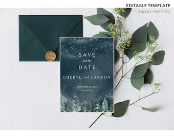 Snowy Night Mountain Invite, Pine Tree Wedding Save the Date, Winter Christmas Canva Template for Couples, Easy Editable Digital Download