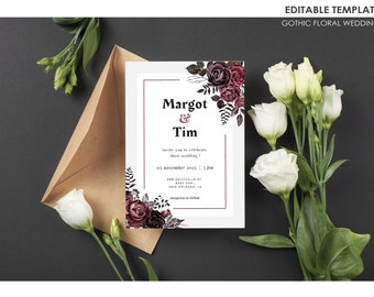 May include: A white wedding invitation with a black border and dark floral illustrations. The invitation reads "Margot & Tim invite you to celebrate their wedding! 03 November 2023 | 5 pm 348 Amityville St, East Cor, New Orleans, LA"