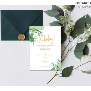 Invito divertente per baby shower, invito per baby shower verde e oro, invito a tema natura, invito per baby shower Oh Baby, modello di download immediato