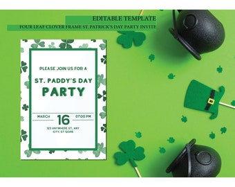 Four Leaf Clover Framed St. Patrick's Day Party Invite Card - Instant Printable Download