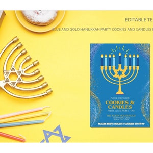 Blau goldene Chanukka Party Einladung, Chanukka Geburtstagseinladung, Kekse und Kerzen Partyeinladung, Instant Download Vorlage
