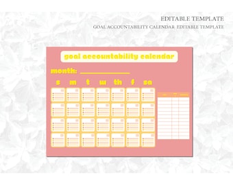 Peut inclure: Un calendrier d'objectifs imprimable rose avec du texte jaune. Le calendrier comporte une section pour chaque jour de la semaine et une section de notes sur le côté droit.