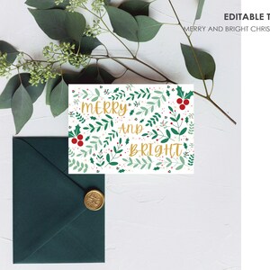 cartão de Natal verde e dourado, cartão de Natal com plantas de inverno, cartão de Natal com visco, cartão de felicitações festivo, modelo para download instantâneo