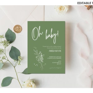 Invito carino per baby shower, invito per baby shower verde salvia, invito per baby shower Oh baby, invito per baby shower Boho, modello di download immediato