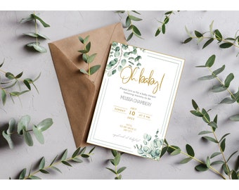 Cute Elegant Green and Gold Plant Oh Baby Shower Invitation Template - Printable Digital Instant Download