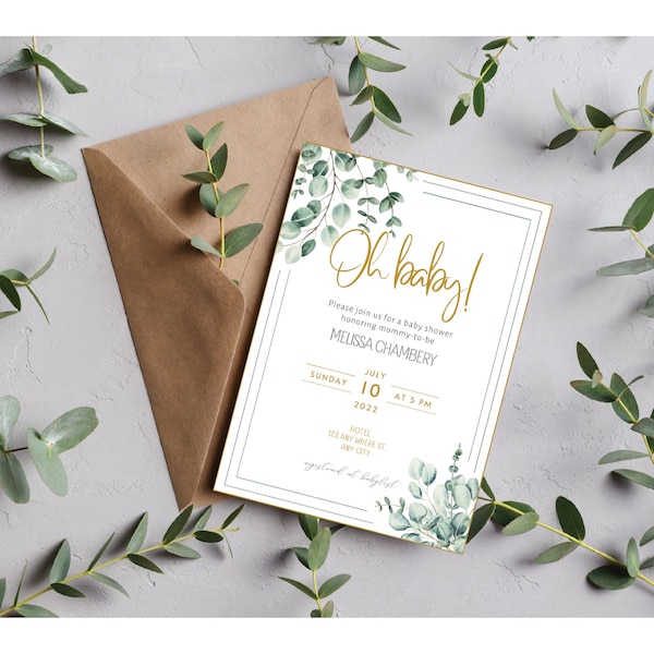 Cute Elegant Green and Gold Plant Oh Baby Shower Invitation Template - Printable Digital Instant Download