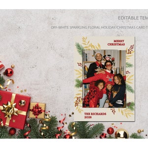 cartão de férias com plantas de inverno, cartão de felicitações verde e dourado, cartão de Natal brilhante, cartão de Feliz Natal, adicionar foto, modelo para download instantâneo