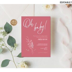 Invito carino per baby shower, invito rosa per baby shower, invito per baby shower Oh baby, invito boho per baby shower, floreale, modello di download immediato