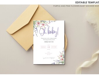 Floral Baby Shower Invitation, Purple and Pink, Editable Template (Digital Download)