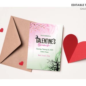 Convite rosa e verde para o Dia das Namoradas, convite caprichoso para o brunch do Dia das Namoradas, cartão de plantas para o Dia dos Namorados, modelo digital instantâneo