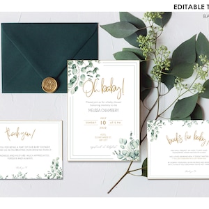 Pacchetto carino per baby shower, oh baby shower stationary, invito per baby shower verde salvia e oro, biglietto a tema natura, modello per download immediato