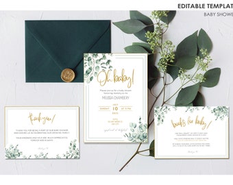 Sage Green Baby Shower Invitation Bundle, Eucalyptus Theme (Digital Download)