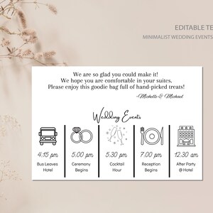 結婚式、セレモニー、カクテルレセプションイベント用のミニマリストスケジュール詳細カード、Canvaテンプレート、簡単に編集可能、すぐにデジタルダウンロード可能