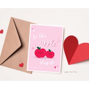 Apple of my Eye card. pink and red Valentine&#39;s Day Card, cute fruit Valentine&#39;s Day Card, funny Pun Card, Instant Download template