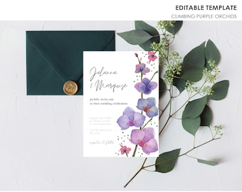 Orchids wedding Invitation, elegant wedding Invite, Purple flowers Invite, pretty watercolor florals invitation, Instant Download template