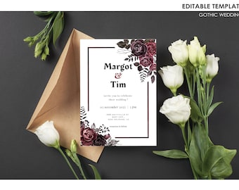 Gothic Floral Wedding Invitation, Maroon Red and Black (Digital Download)