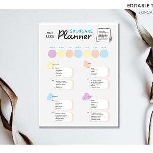 以下が含まれることがあります： 2024年5月の印刷可能なスキンケアプランナーテンプレート。プランナーには、曜日がラベル付けされたカレンダーと、さまざまなスキンケアルーチン用の色分けされたセクションがあります。