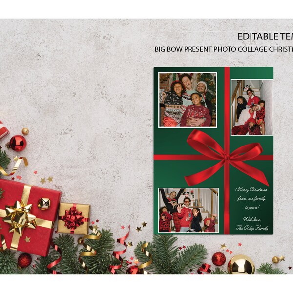 Big Bow Present Photo Collage Holiday and Christmas Card - Printable Instant Download
