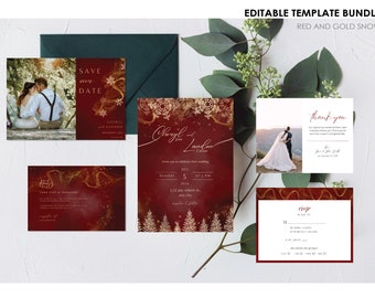 Classy wedding invitation, snowflake wedding invite, Red and Gold wedding Invite, christmas wedding bundle, Instant Download template set