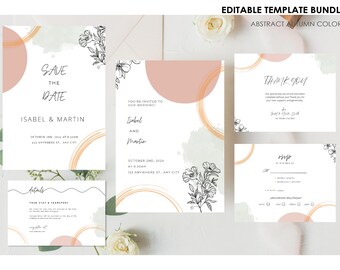 May include: Editable wedding invitation template bundle with abstract autumn colors. The template includes a save the date card, invitation, RSVP card, and thank you card. The cards feature a minimalist design with abstract circles and floral illustrations.