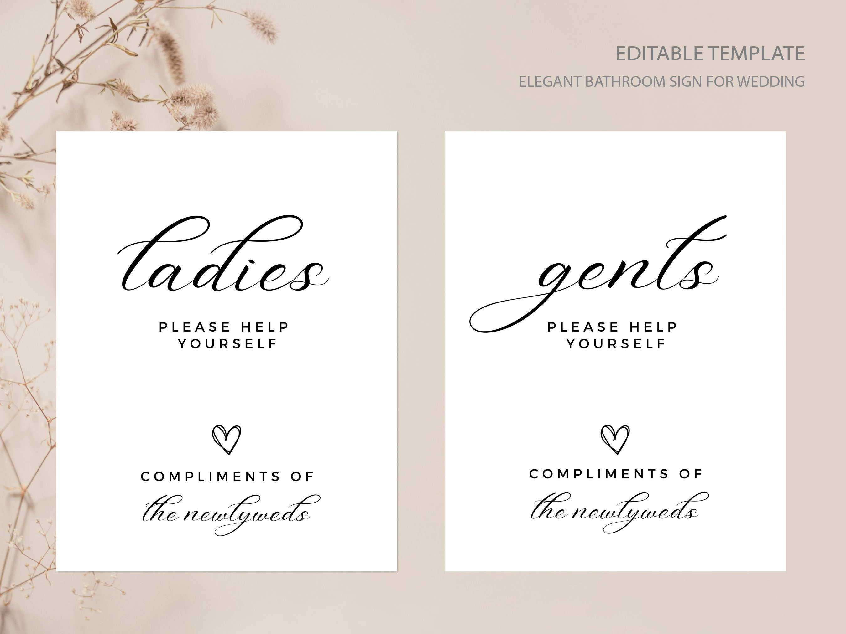 Elegant Bathroom Sign Wedding Cocktail Reception Canva Template, Ladies and Gents Decor, Editable Instant Digital Download Printable Easy