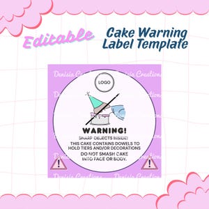 Puede incluir: Una plantilla de etiqueta de advertencia de pastel editable y cuadrada con un fondo rosa y blanco. La etiqueta presenta un gráfico circular con un pastel y una imagen tachada de una cara. El texto incluye "¡ADVERTENCIA!" e instrucciones de seguridad.