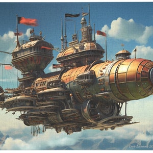 Peut inclure: Un grand dirigeable steampunk détaillé avec plusieurs ponts, un long nez pointu et de nombreux engrenages et tuyaux. Le dirigeable vole au-dessus d'une chaîne de montagnes avec des nuages en arrière-plan.
