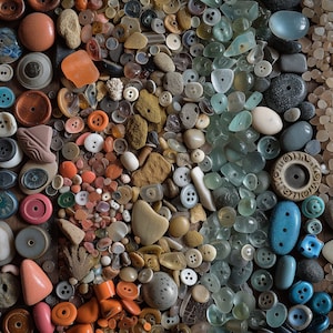 May include: A collection of colorful buttons, smooth stones, and glass beads arranged in a pattern. The buttons are various shapes and sizes, with some featuring intricate designs. The stones are a mix of gray, brown, and white, and the beads are a light blue color.