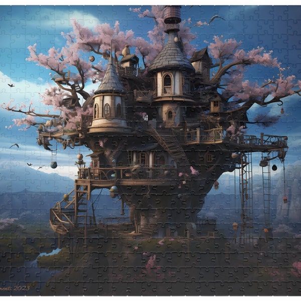 Treehouse Puzzle (110, 252, 500, 1014-piece), fantasy, blue sky, pink blossoms, tree home, otherworld, mythical, birds, AI art jigsaw puzzle