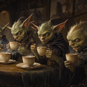 May include: Four green-skinned, pointy-eared creatures sit at a table, each holding a teacup and saucer. They are wearing dark cloaks and have a mischievous expression on their faces.