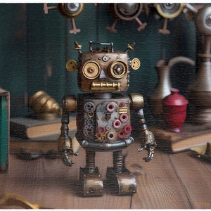 May include: A steampunk-style robot figurine with a metallic body, gears, and rivets. The robot has large, round eyes and a rectangular mouth. The background includes books, decorative objects, and a dark green wall. The robot is standing on a wooden surface.