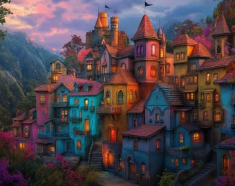 Puede incluir: Una pintura digital colorida de un pueblo en un paisaje montañoso. Los edificios están pintados en tonos de azul, rosa, amarillo y naranja, con tejados de tejas rojas. La escena está iluminada por cálidas luces interiores y un cielo al atardecer.