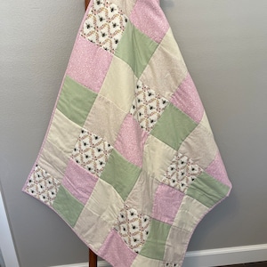 Baby Quilt Sweet Bumble Bee Baby Girl Quilt Pink Green Cream Keepsake Handmade