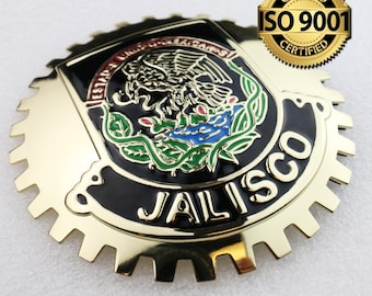 New JALISCO GOLD Mexico Golden Front Grill Truck Car Badge Emblem Mexican Flag Spanish Estado de Mexico Medallion