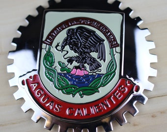 AGUAS CALIENTES - NEW Chrome Front Grill Truck Car Badge Emblem Mexican Flag Spanish Bandera de Mexico Medallion