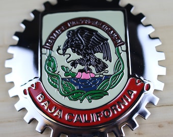 BAJA CALIFORNIA - NEW Chrome Front Grill Truck Car Badge Emblem Mexican Flag Spanish Bandera de Mexico Medallion