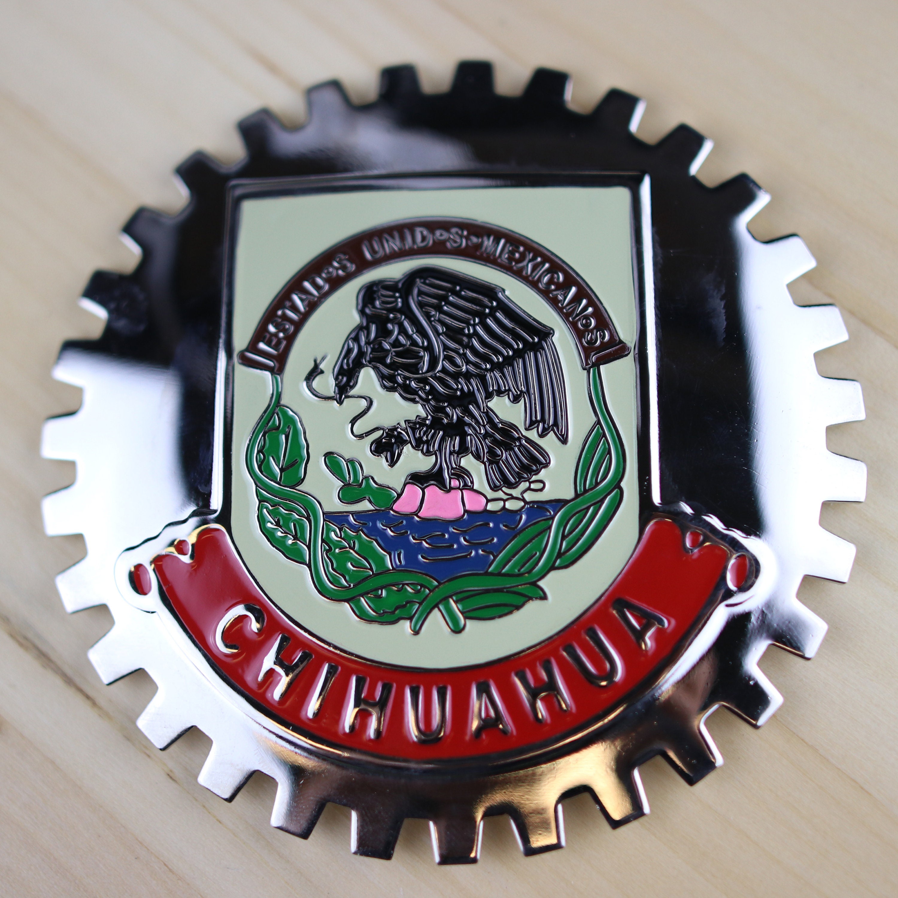 CHIHUAHUA - NEW Chrome Front Grill Truck Car Badge Emblem Mexican Flag Spanish Bandera de Mexico Medallion