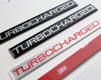 3 Brand New TURBOCHARGED Turbo Charged Aluminum Embossed Badges Emblem Adhesive Sticker Emblem