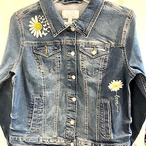 Denim Jean Jacket with Wildflowers and Daisies, Machine Embroidered