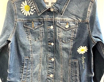 Denim Jean Jacket with Wildflowers and Daisies, Machine Embroidered