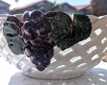 Italian MAJOLICA woven ceramic bowl with applied GRAPE cluster decoration
