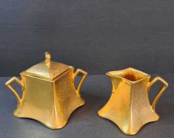 Pickard 1940's  gold encrusted sugar jar and matching creamer set