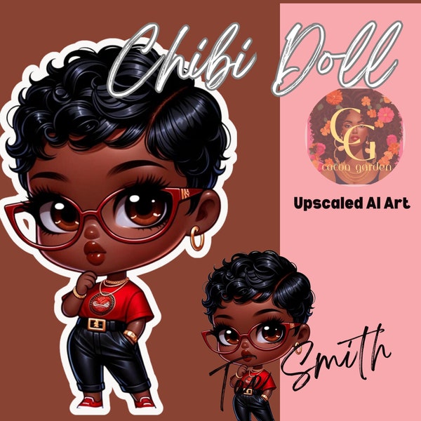 Muñeca Chibi AI afroamericana/ Muñeca Chibi de moda/ pegatinas/Sublimación/ POD/