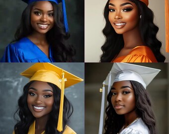 May include: Four young women wearing graduation caps and gowns in different colors: blue, orange, yellow, and white. The women are smiling and looking at the camera. The image is set against a plain background.