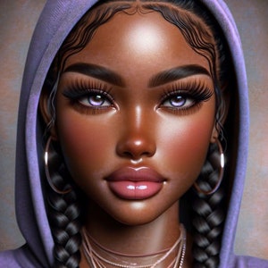 Puede incluir: Retrato digital de una mujer de piel oscura, con una sudadera con capucha morada. Tiene largas pesta&ntilde;as, ojos morados y cabello trenzado. Pendientes de aro dorados y collares en capas completan el look. La imagen tiene un estilo suave y aerografiado.