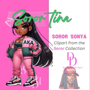 Soror TINA Afroamericana “Especial de hermandad: AKA Muñeca Chibi temática, Descarga digital Alpha Kappa Alpha versátil, Clipart PNG